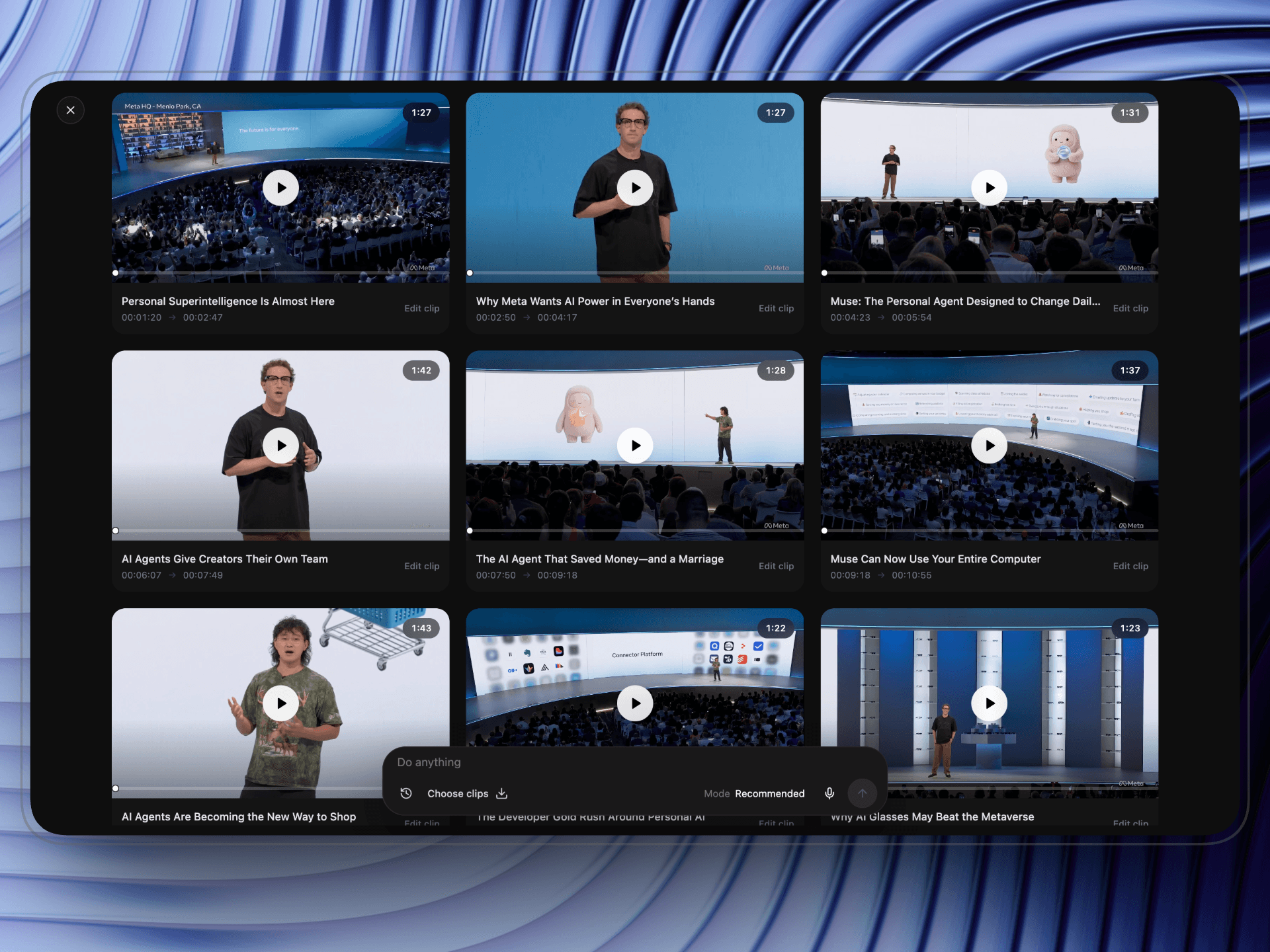 A grid of clips generated from a video in Deyn Studio