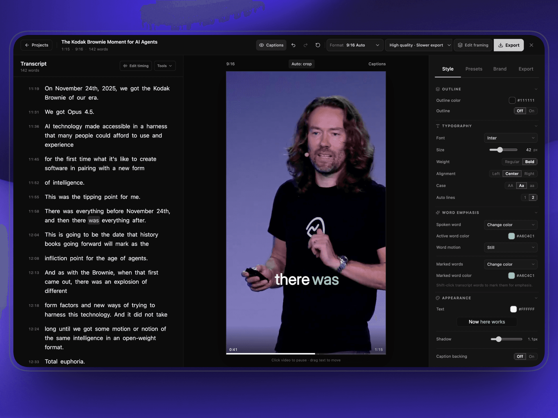 Deyn Studio editor with transcript, portrait preview, and caption controls